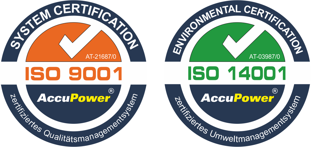 ISO 9001 und ISO 14001 Logos mit AccuPower